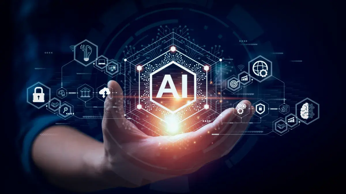 A composite image of a right hand outstretched with various technology related symbols, such as a padlock, a laptop, a human brain, with the letters AI at the centre. symbols such as 