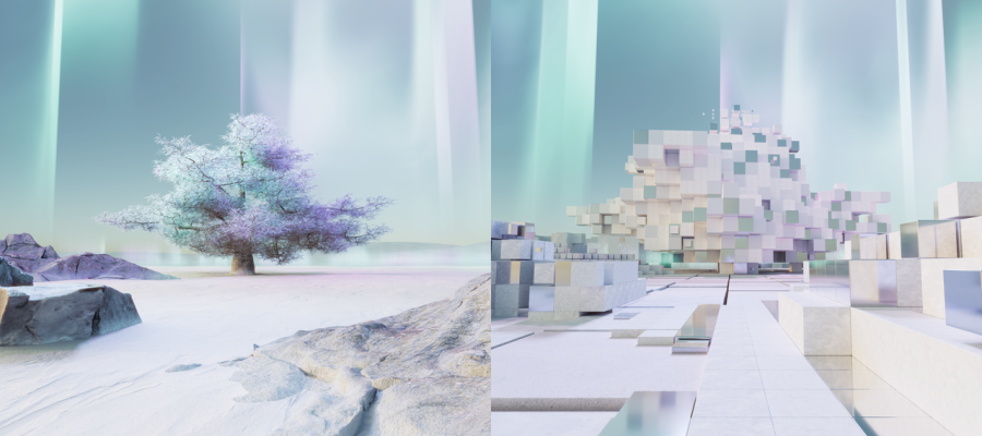 An artist’s illustration of artificial intelligence (AI) depicting two images side by side of an AI generated treeon a snowy landscape. This visual depicts the process used by text-to-image diffusion models.