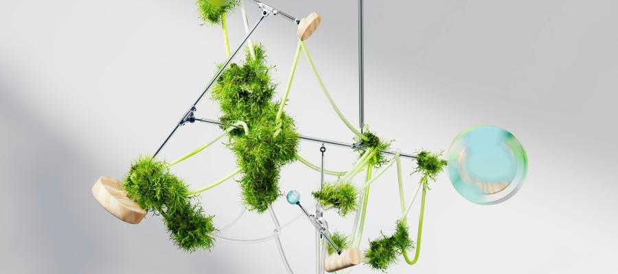 An artist’s illustration of artificial intelligence (AI), a mobile made of green plants and balls.