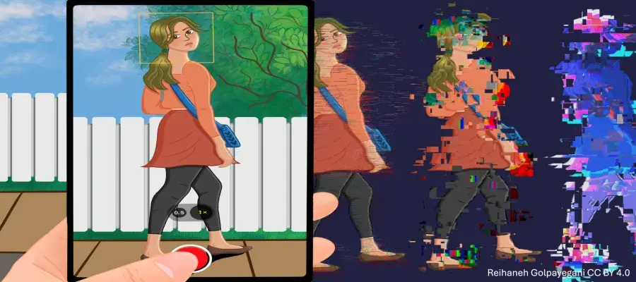Inside the frame of a mobile phone screen, a woman is depicted walking and looking over her shoulder. Behind her, there is an outdoor scene with the sky, tree, fences, and pavement. A hand is shown grabbing the phone and tapping the record button.  On the right side of the phone, three figures of the same woman are shown against a plain blue background, progressively transforming from minimally glitched to heavily glitched.