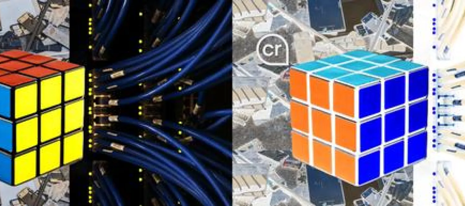 Split-screen image depicting contrast. On the left, a Rubik’s cube displays blue, red, and yellow sides, with a LinkedIn 'cr' AI-generation icon nearby. The background is divided between discarded electronic waste on a street and data centre cables, some connecting to the cube. On the right, the entire scene is repeated with inverted colors.