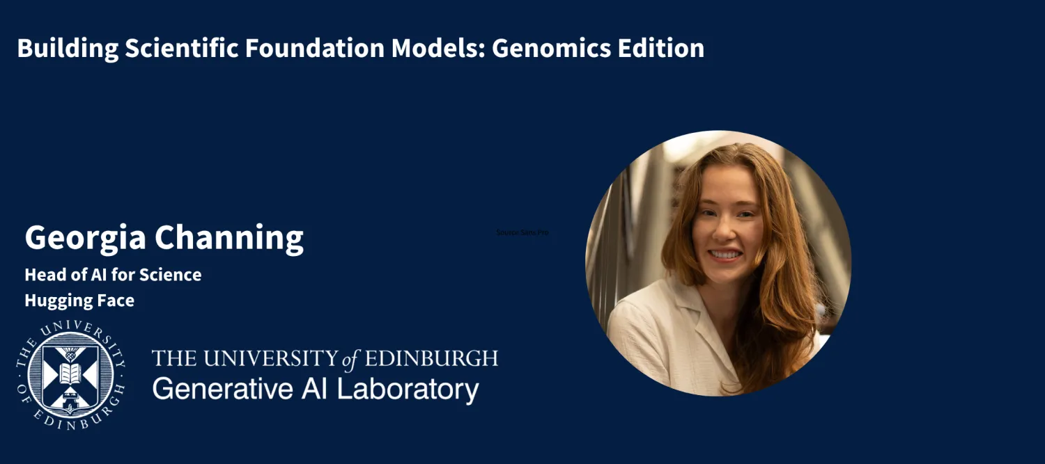 A composite image announcing the GAIL AI for Science seminar series with Georgia Channing