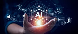 A composite image of a right hand outstretched with various technology related symbols, such as a padlock, a laptop, a human brain, with the letters AI at the centre. symbols such as 