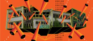 This collage pictures AI as a building, or even a complex of multiple architectures, with different rooms, floors and windows. These are held together by a grid and are connected through a language. The image tries to communicate the complexity and plurality of these worlds, but also reminds that they are not a living being, rather a human made structure; hollow with no life in it.