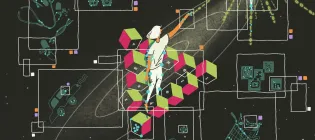 The painting shows a person standing on a staircase made of green and pink cubes, symbolising a Penrose staircase, in a cosmic environment. The person is reaching towards a glowing cross-shaped structure emitting binary code, representing AI's reach into the future. Surrounding the figure are outlined boxes showing various  elements, such as glasses, medical tools, a self-driving car, and financial symbols, interconnected by white lines. 