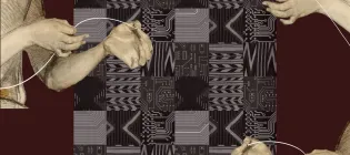 A collage that merges circuit board patterns with textile motifs in a grid-like background of alternating black, grey, and white. Two hand-drawn arms are on each side of the image, positioned as if gently pulling on thin, white strings that cross the image diagonally.