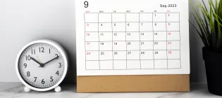 A photograph of a small clock that reads ten past ten on the left, a desk calendar in the centre that's open at September 2023 and on the right side, a small desk plant.