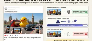 A collage of images potraying an AI-generated image of a rubber duck on Westminster Bridge in front of the Houses of Parliament. Followed by flow a flow chart explaining how traces of AI-generation cane be removed the modification of the image. 