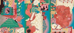A brightly coloured mural which can be viewed in any direction. It has several scenes within it: people in front of computers seeming stressed, a number of faces overlaid over each other, squashed emojis, miners digging in front of a huge mountain representing mineral resources, a hand holding a lump of coal or carbon, hands manipulating stock charts and error messages, as well as some women performing tasks on computers, men in suits around a table, someone in a data centre, big hands controlling the scene