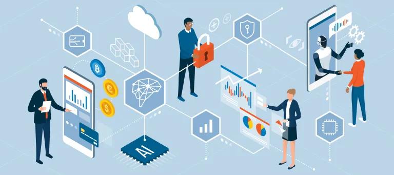 An artistic represenation of business people interacting with digital interfaces, charts and artificial intelligence