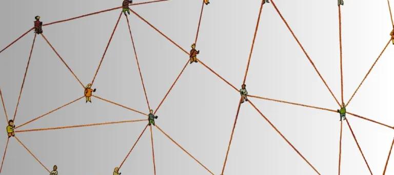 Several small cartoon representations of people are linked by brown handdrawn lines representing a network.
