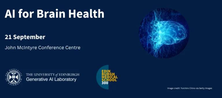 A collage image with details of the AI for Brain Health event including date and location. There is also the GAIL and EMS300 logos, and an abstract image of a brain emerging from a neural netowrk. 