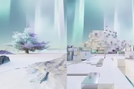 An artist’s illustration of artificial intelligence (AI) depicting two images side by side of an AI generated treeon a snowy landscape. This visual depicts the process used by text-to-image diffusion models.