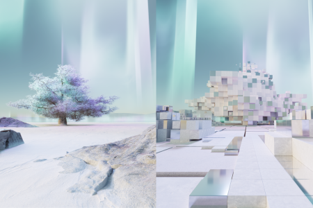 An artist’s illustration of artificial intelligence (AI) depicting two images side by side of an AI generated treeon a snowy landscape. This visual depicts the process used by text-to-image diffusion models.