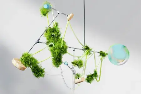An artist’s illustration of artificial intelligence (AI), a mobile made of green plants and balls.