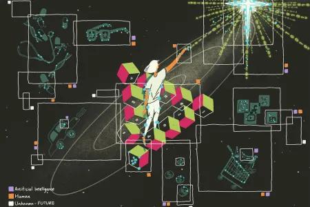 The painting shows a person standing on a staircase made of green and pink cubes, symbolising a Penrose staircase, in a cosmic environment. The person is reaching towards a glowing cross-shaped structure emitting binary code, representing AI's reach into the future. Surrounding the figure are outlined boxes showing various  elements, such as glasses, medical tools, a self-driving car, and financial symbols, interconnected by white lines. 