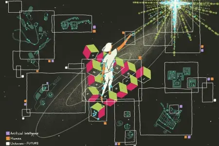 The painting shows a person standing on a staircase made of green and pink cubes, symbolising a Penrose staircase, in a cosmic environment. The person is reaching towards a glowing cross-shaped structure emitting binary code, representing AI's reach into the future. Surrounding the figure are outlined boxes showing various  elements, such as glasses, medical tools, a self-driving car, and financial symbols, interconnected by white lines. 