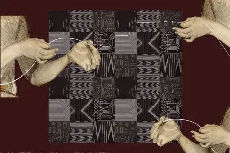 A collage that merges circuit board patterns with textile motifs in a grid-like background of alternating black, grey, and white. Two hand-drawn arms are on each side of the image, positioned as if gently pulling on thin, white strings that cross the image diagonally.