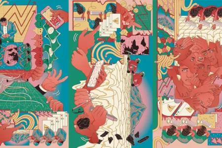 A brightly coloured mural which can be viewed in any direction. It has several scenes within it: people in front of computers seeming stressed, a number of faces overlaid over each other, squashed emojis, miners digging in front of a huge mountain representing mineral resources, a hand holding a lump of coal or carbon, hands manipulating stock charts and error messages, as well as some women performing tasks on computers, men in suits around a table, someone in a data centre, big hands controlling the scene